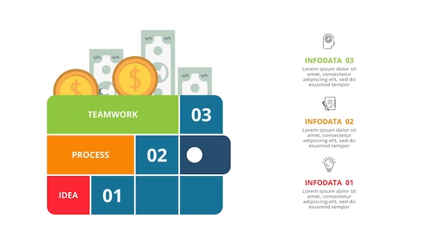 Concepto creativo para infografía con opciones de 3 pasos partes o procesos visualización de datos comerciales