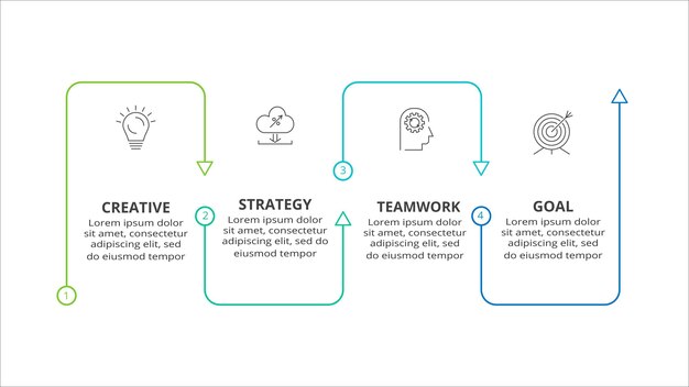 Concepto creativo para infografía con opciones de 4 pasos, partes o procesos visualización de datos comerciales