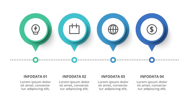 Concepto creativo para infografía con opciones de 4 pasos, partes o procesos Visualización de datos comerciales