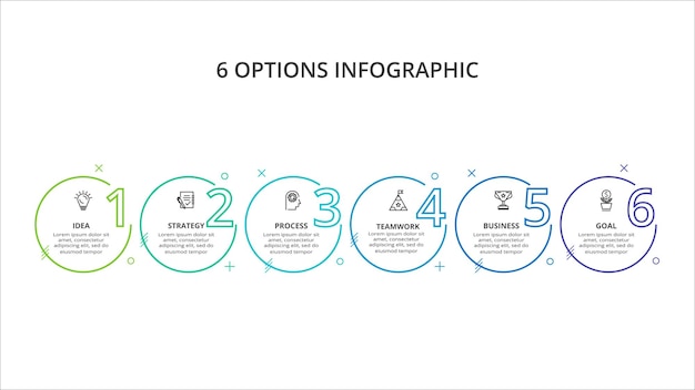 Concepto creativo para infografía con opciones de 6 pasos, partes o procesos visualización de datos comerciales