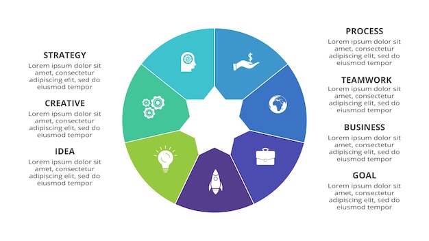 Concepto creativo para infografía con opciones de 7 pasos, partes o procesos visualización de datos comerciales