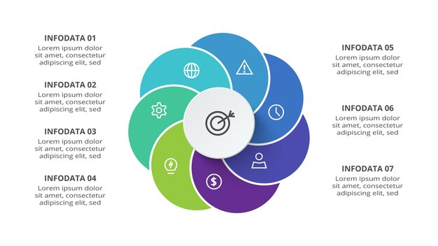 Concepto creativo para infografía con opciones de 7 pasos, partes o procesos Visualización de datos comerciales
