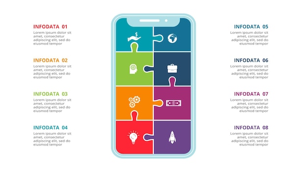 Concepto creativo para infografía con opciones de 8 pasos, partes o procesos visualización de datos comerciales