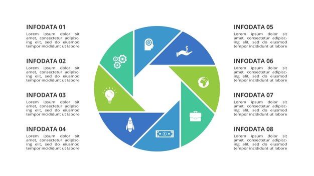 Concepto creativo para infografía con opciones de 8 pasos partes o procesos Visualización de datos empresariales