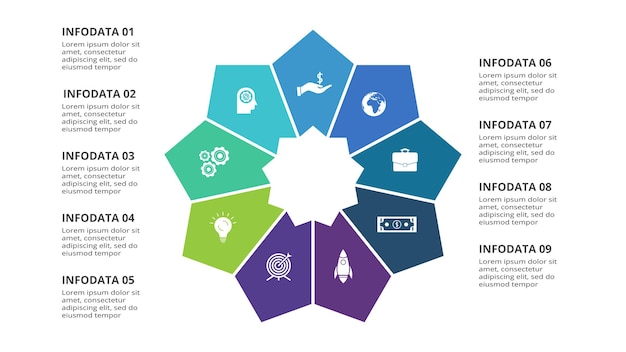 Concepto creativo para infografía con opciones de 9 pasos partes o procesos Visualización de datos empresariales