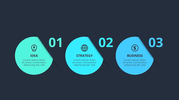 Concepto creativo para infografía con plantilla de 3 pasos para la web en un fondo negro