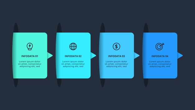 Concepto creativo para infografía con plantilla de 4 pasos para la web en un fondo negro