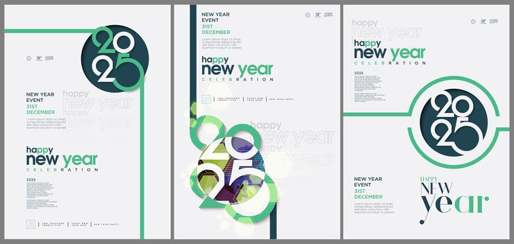 Vector concepto creativo set de carteles de feliz año nuevo 2025 template de diseño con logotipo de tipografía 2025 para fondo de celebración y decoración de la temporada fondo moderno y minimalista para marca y pancartas