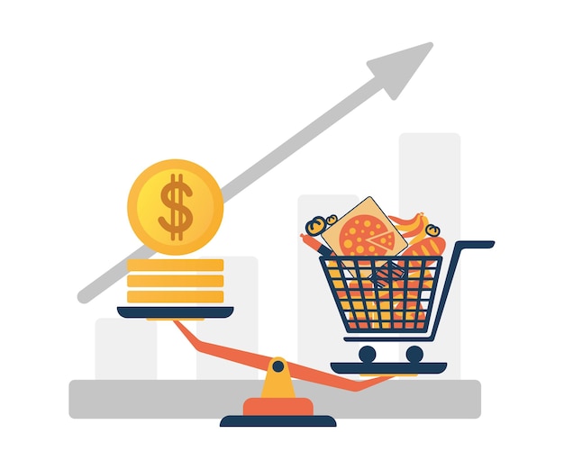 Vector concepto de crecimiento de la canasta de consumo de la población. los comestibles superan los dólares de dinero en las escalas