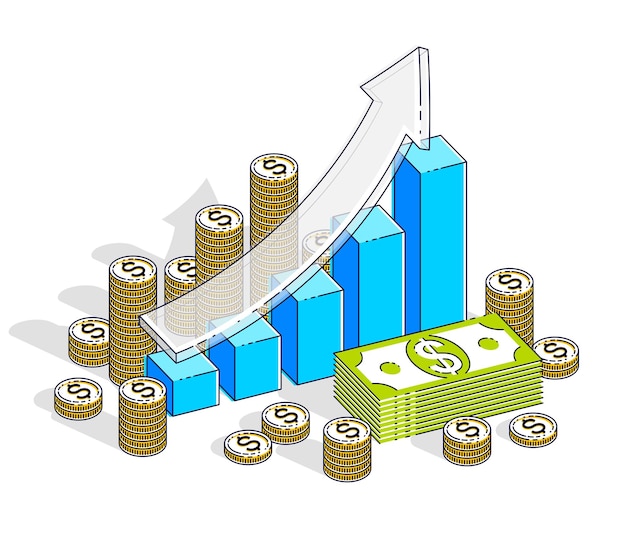 Concepto de crecimiento de éxito e ingresos, barra de estadísticas de gráfico de crecimiento con pila de dinero en efectivo aislada en fondo blanco. Vector 3d ilustración isométrica de negocios y finanzas, diseño de línea delgada.