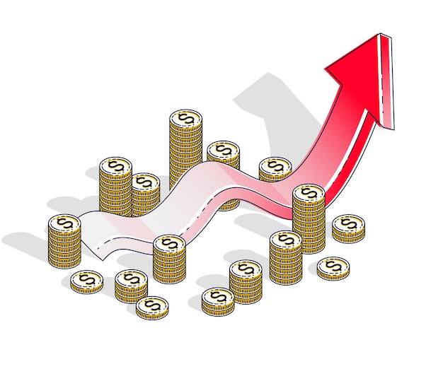 Concepto de crecimiento de éxito e ingresos, barra de estadísticas de gráfico de crecimiento con pila de dinero en efectivo aislada en fondo blanco. Vector 3d ilustración isométrica de negocios y finanzas, diseño de línea delgada.