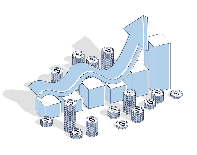 Concepto de crecimiento de éxito e ingresos, barra de estadísticas de gráfico de crecimiento con pila de dinero en efectivo aislada en fondo blanco. Vector 3d ilustración isométrica de negocios y finanzas, diseño de línea delgada.
