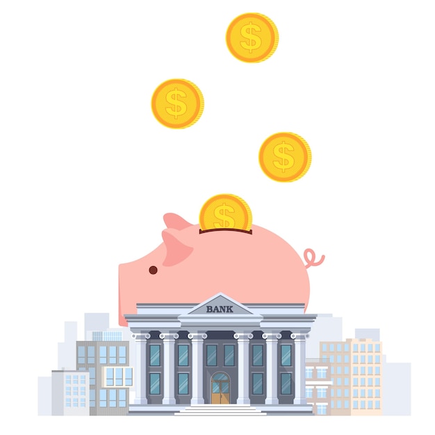 El concepto de crecimiento financiero Ilustración en forma de un edificio bancario en el fondo de la alcancía con monedas que caen en ella Aislado en un fondo blanco