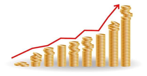 Concepto de crecimiento financiero con montones de monedas de oro.