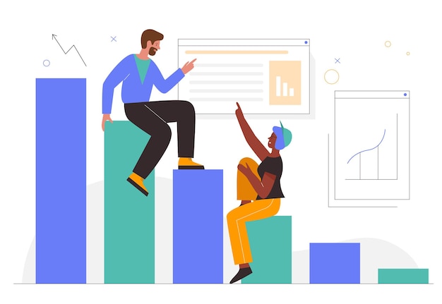 Concepto de crecimiento de gráfico de resultado de trabajo de crecimiento empresarial con personas sentadas en barras de estadísticas