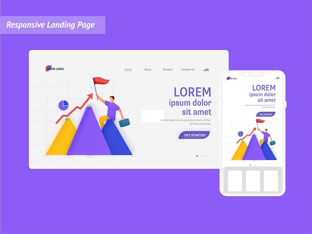 Concepto de crecimiento o éxito empresarial basado en la página de destino con smartphone sobre fondo púrpura.