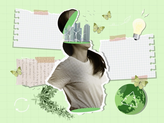 Concepto de crecimiento urbano con figura femenina en ilustración vectorial de collage verde