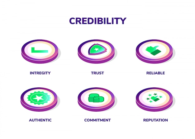 Concepto de credibilidad, reputación y confianza. Banner con iconos isométricos de ilustración vectorial y palabras clave