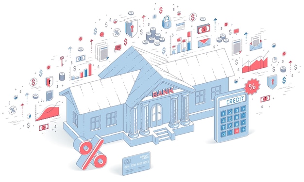 Concepto de crédito, edificio bancario con calculadora y símbolo de porcentaje aislado en fondo blanco, tema bancario. Ilustración isométrica de negocios vectoriales 3d con iconos, gráficos de estadísticas y elementos de diseño.