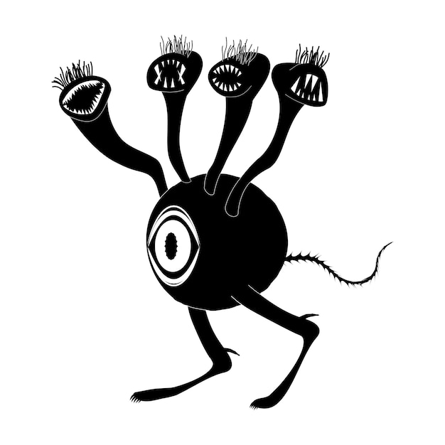 Un concepto de una criatura alienígena con un ojo grande y muchas cabezas con dientes. critter camina sobre dos piernas. imagen de silueta. vector aislado sobre fondo blanco.