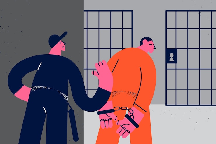 Vector concepto de crimen, castigo y prisión. trabajador de la prisión del hombre que toma poner al criminal joven en uniforme anaranjado a la ilustración del vector de la cámara de la prisión de la cárcel