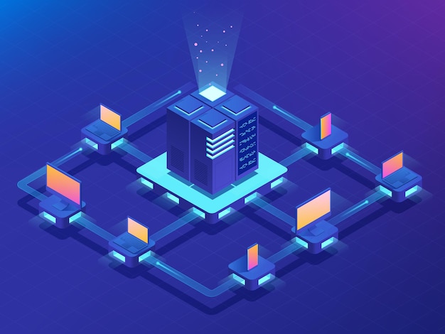 Concepto de criptomoneda y cadena de bloques. Granja para minar bitcoins. Ilustración vectorial isométrica.