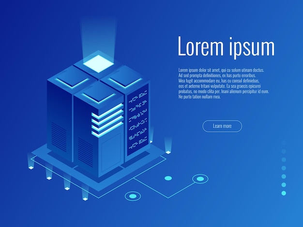 Concepto de criptomoneda y cadena de bloques. granja para minar bitcoins. mainframe, servidor alimentado, concepto de alta tecnología, centro de datos, almacenamiento de datos en la nube. ilustración vectorial isométrica