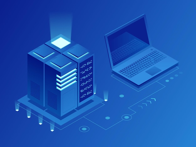 Concepto de criptomoneda y cadena de bloques. granja para minar bitcoins. mainframe, servidor alimentado, concepto de alta tecnología, centro de datos, almacenamiento de datos en la nube. ilustración vectorial isométrica