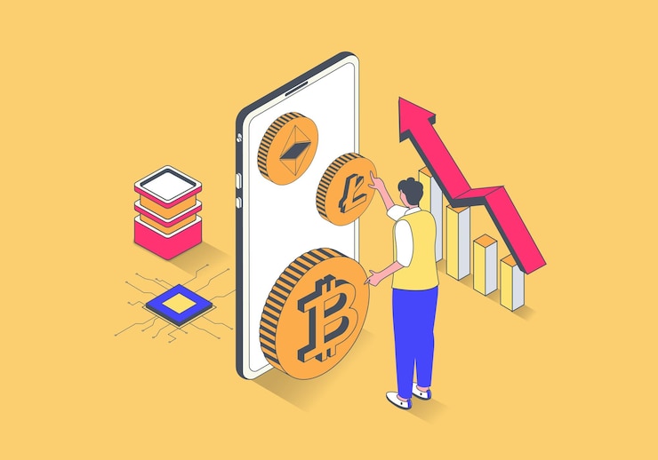 Vector concepto de criptomoneda en diseño isométrico 3d el hombre que compra monedas criptográficas invierte dinero en bitcoins aumenta los ingresos en el gráfico de ganancias ilustración vectorial con escena de personas isométricas para gráficos web