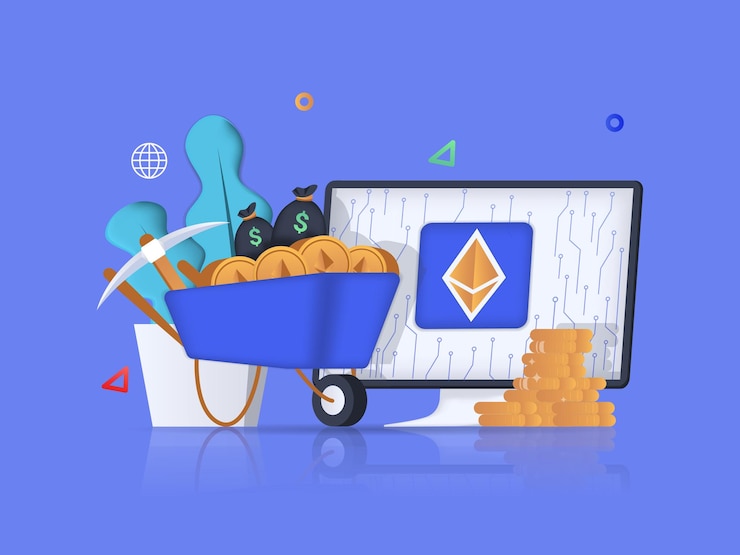 Vector concepto de criptomoneda ilustración 3d composición de iconos con pantalla de computadora ilustración vectorial
