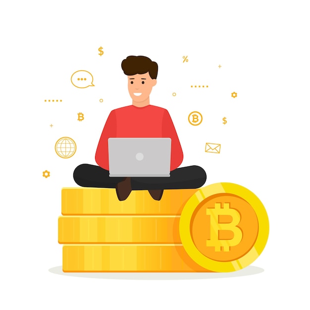 Concepto de criptomoneda Joven sentado en una pila de monedas doradas con una computadora portátil Blockchain