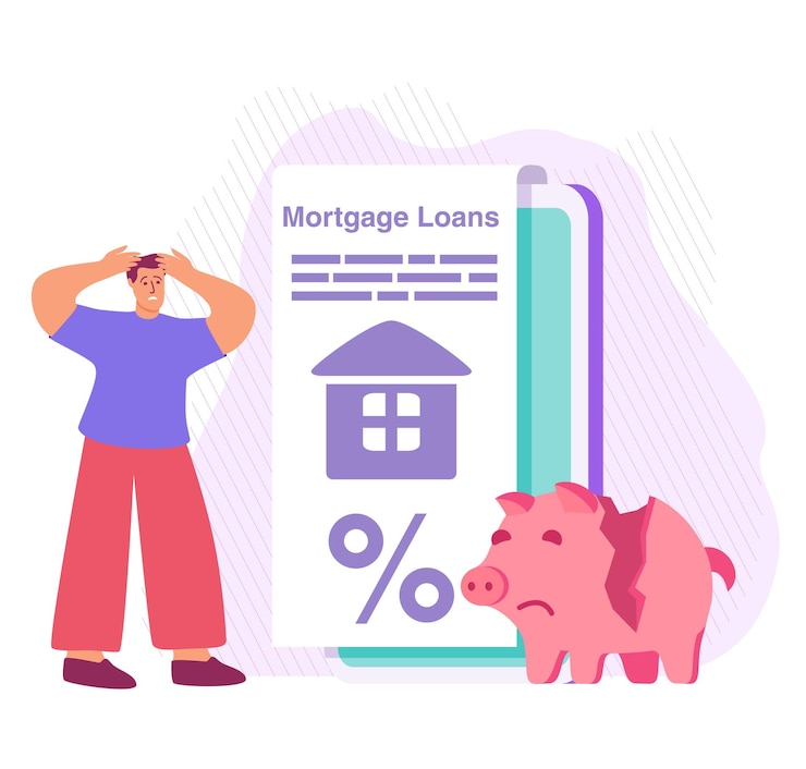 Vector concepto de crisis económica hombre triste plan financiero e informe hipoteca hucha rota