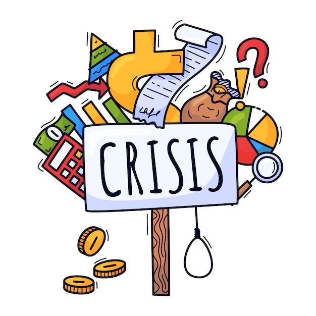 El concepto de una crisis económica. Ilustración en estilo de dibujos animados dibujados a mano. Cartel de protesta y varios iconos relacionados con el dinero y la economía.