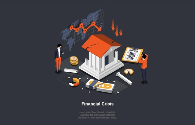 Concepto de crisis financiera mundial mundial Colapso de las economías de los estados y el presupuesto Disminución económica Caída Inflación Devaluación Desplome del mercado de valores Quiebra Isométrica 3d Vector Ilustración