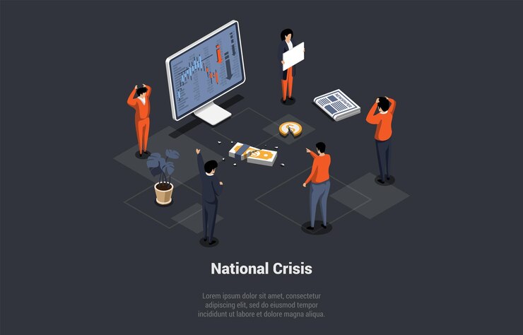 Vector concepto de crisis financiera nacional recesión inflación devaluación caracteres de integración de cbdc protesta contra aumentos de precios y reducción de empleados ilustración de vector 3d isométrica