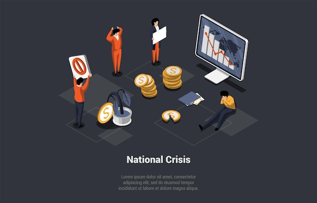 Concepto de crisis financiera nacional Recesión Inflación Devaluación CBDC Integración Hombres y mujeres que protestan contra los aumentos de precios y la reducción de empleados Ilustración vectorial isométrica 3D