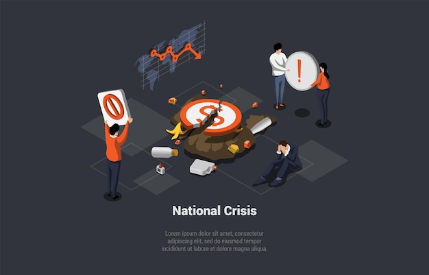 Concepto de crisis financiera nacional Recesión Inflación Devaluación CBDC Integración Personas que protestan contra aumentos de precios y reducción de empleados Dibujos animados isométricos 3D Vector ilustración