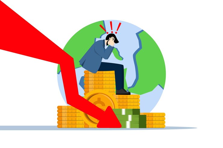 Vector concepto de crisis financiera con pequeñas empresas deprimidas que experimentan un declive en los negocios