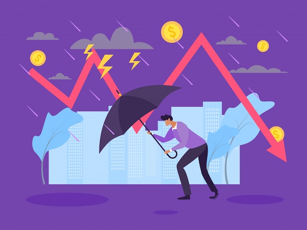 Concepto de crisis financiera de recesión, desaceleración en la ilustración de producción. carácter de hombre con paraguas ir contra el clima