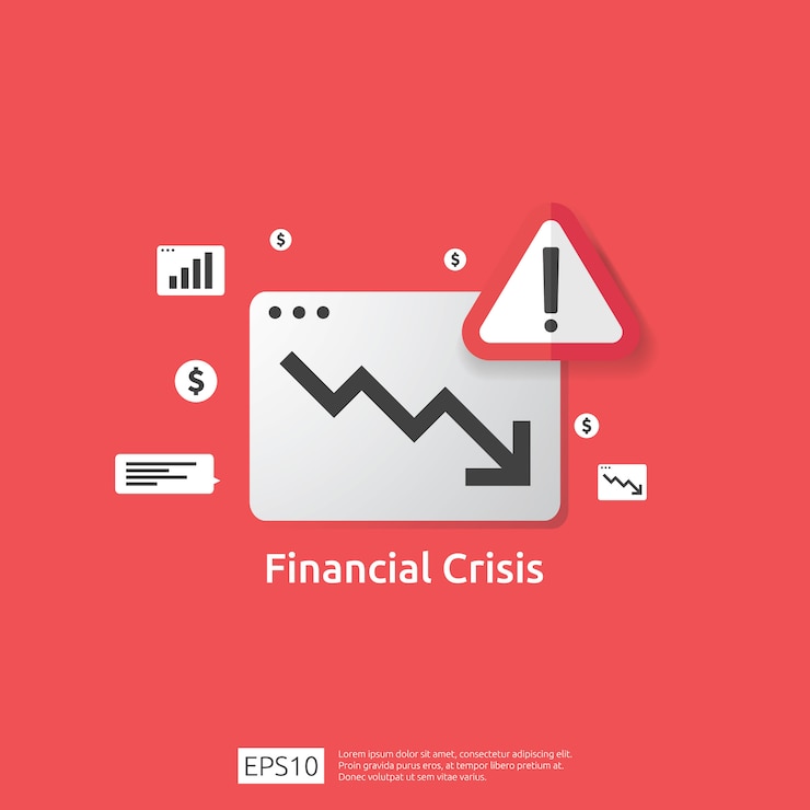 Vector concepto de crisis de finanzas empresariales con alerta de exclamación. gráfico de dinero caer símbolo. flecha disminuir economía estiramiento caída creciente. perdido en bancarrota en declive. reducción de costo. pérdida de ingreso