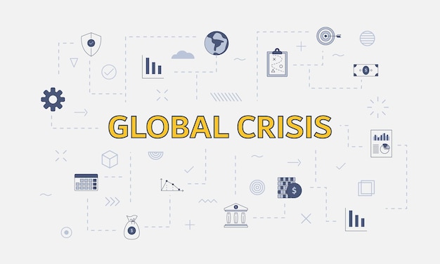 Concepto de crisis global con conjunto de iconos con gran palabra o texto en la ilustración de vector de centro