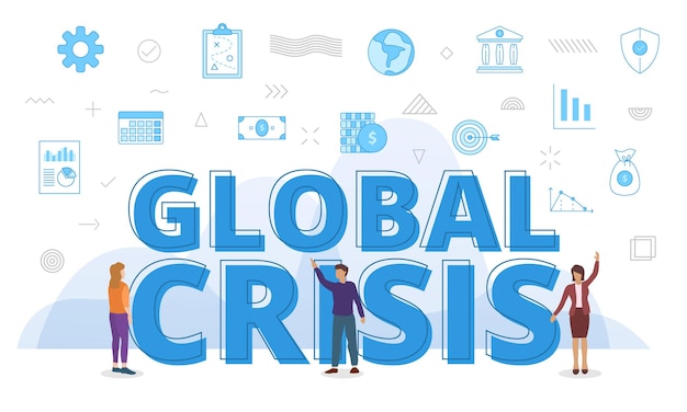 Concepto de crisis global con grandes palabras y personas rodeadas de íconos relacionados que se propagan con color azul