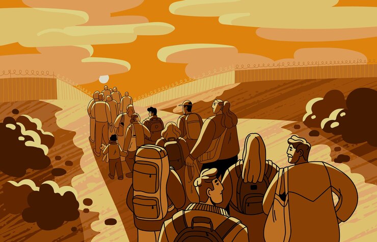Vector concepto de crisis migratoria los migrantes hacen cola en la cola de muchos refugiados esperando en la frontera del país muchos solicitantes de inmigrantes que parten hacia la reubicación de asilo político ilustración vectorial plana