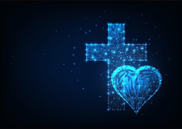 Concepto de cristianismo futurista con corazón poligonal bajo brillante y cruz en azul oscuro