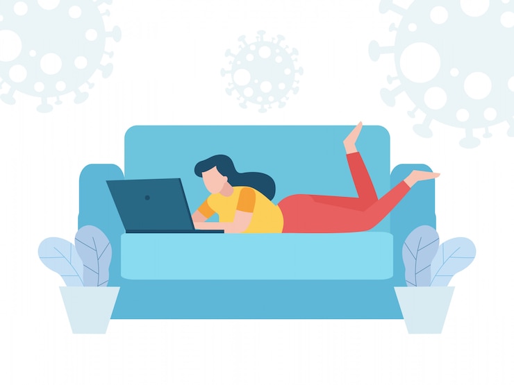 Vector concepto de cuarentena de coronavirus. mujer trabajando en casa. quedarse en casa, mujer y trabajar en la computadora portátil. personas con computadora. prevenir la propagación de infecciones aisladas en la ilustración de fondo blanco