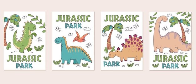 Vector concepto de cubierta de tarjeta de impresión de saludo de dinosaurio jurásico conjunto diseño gráfico de dibujos animados planos