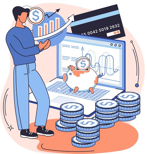 Concepto de cuenta de ahorro El hombre de negocios gestiona las inversiones y los ingresos Acumulación de riqueza de fondos Recepción de intereses por mantener el dinero seguro en el futuro Servicios de banca en línea Pago por Internet