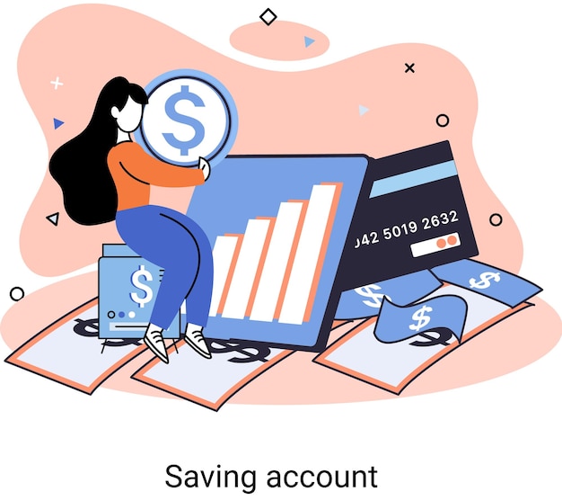 Concepto de cuenta de ahorro en línea Mujer con cuenta bancaria en dólares Acumulación de fondos riqueza Recibir intereses por mantener el dinero seguro en el futuro Servicios bancarios Pago por Internet Envío de dinero
