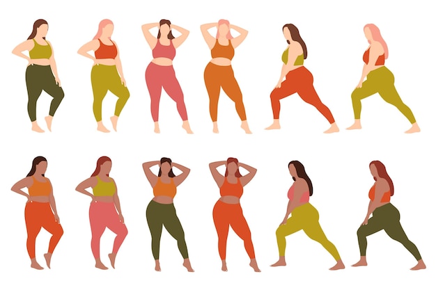 Concepto de cuerpo positivo mujeres gordas haciendo fitness