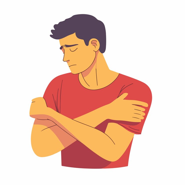 Vector concepto de la cuestión de la salud joven que toca el hombro con dolor sufre de la condición b
